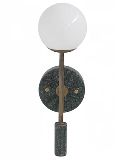 Green marble and brass sconce with spherical white glass lampshade
