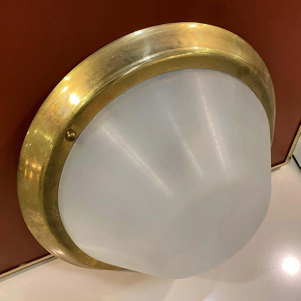 Brass and plexiglass round ceiling lamp, 1970s 4