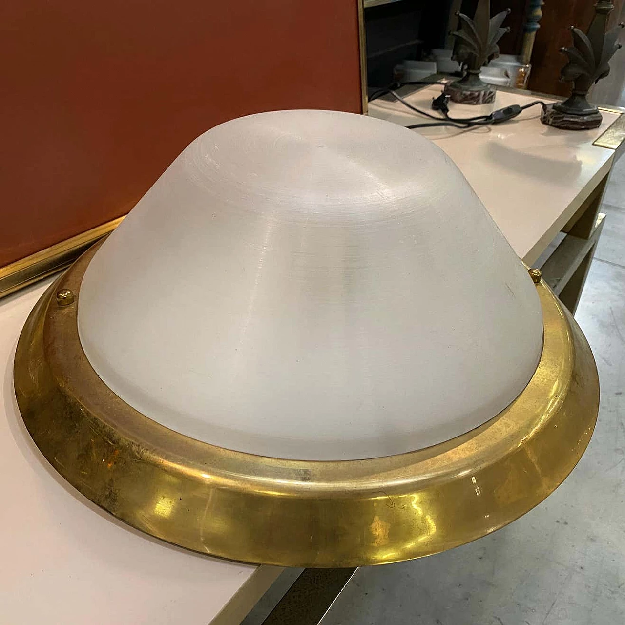 Brass and plexiglass round ceiling lamp, 1970s 5
