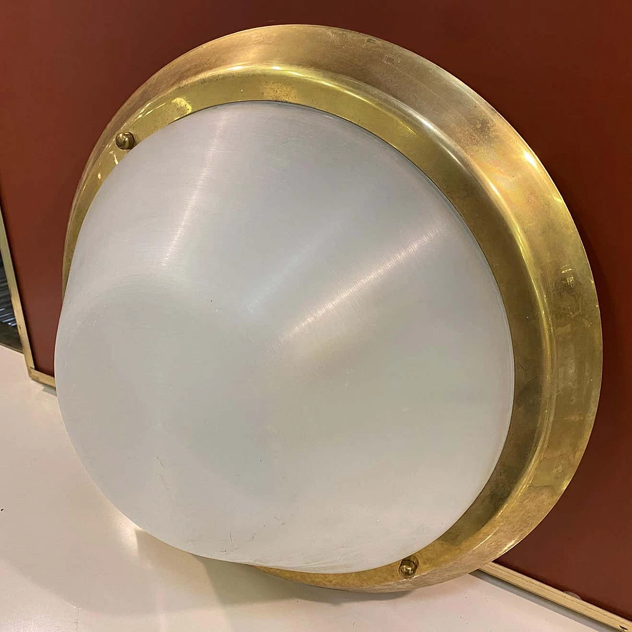 Brass and plexiglass round ceiling lamp, 1970s 6