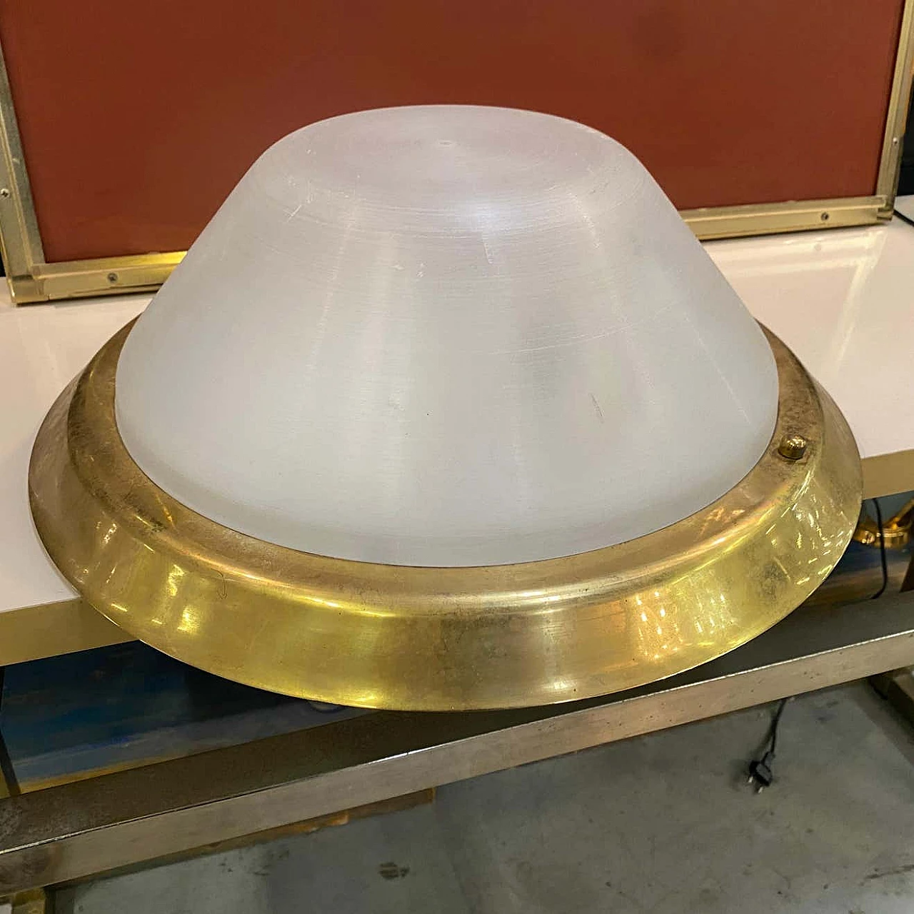 Brass and plexiglass round ceiling lamp, 1970s 7