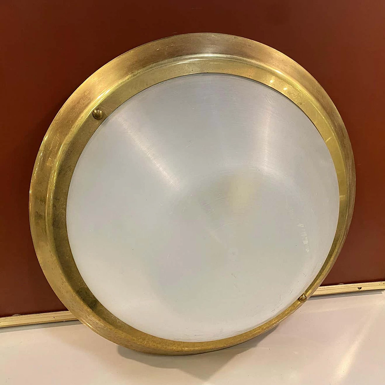 Brass and plexiglass round ceiling lamp, 1970s 9