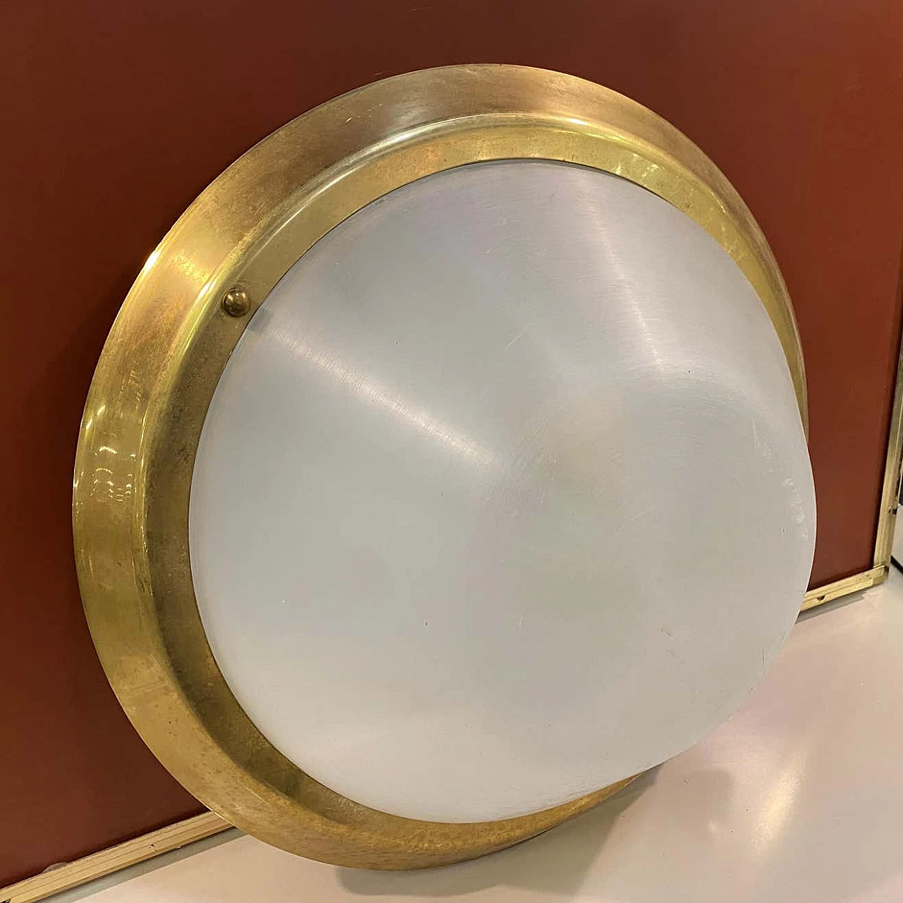Brass and plexiglass round ceiling lamp, 1970s 11