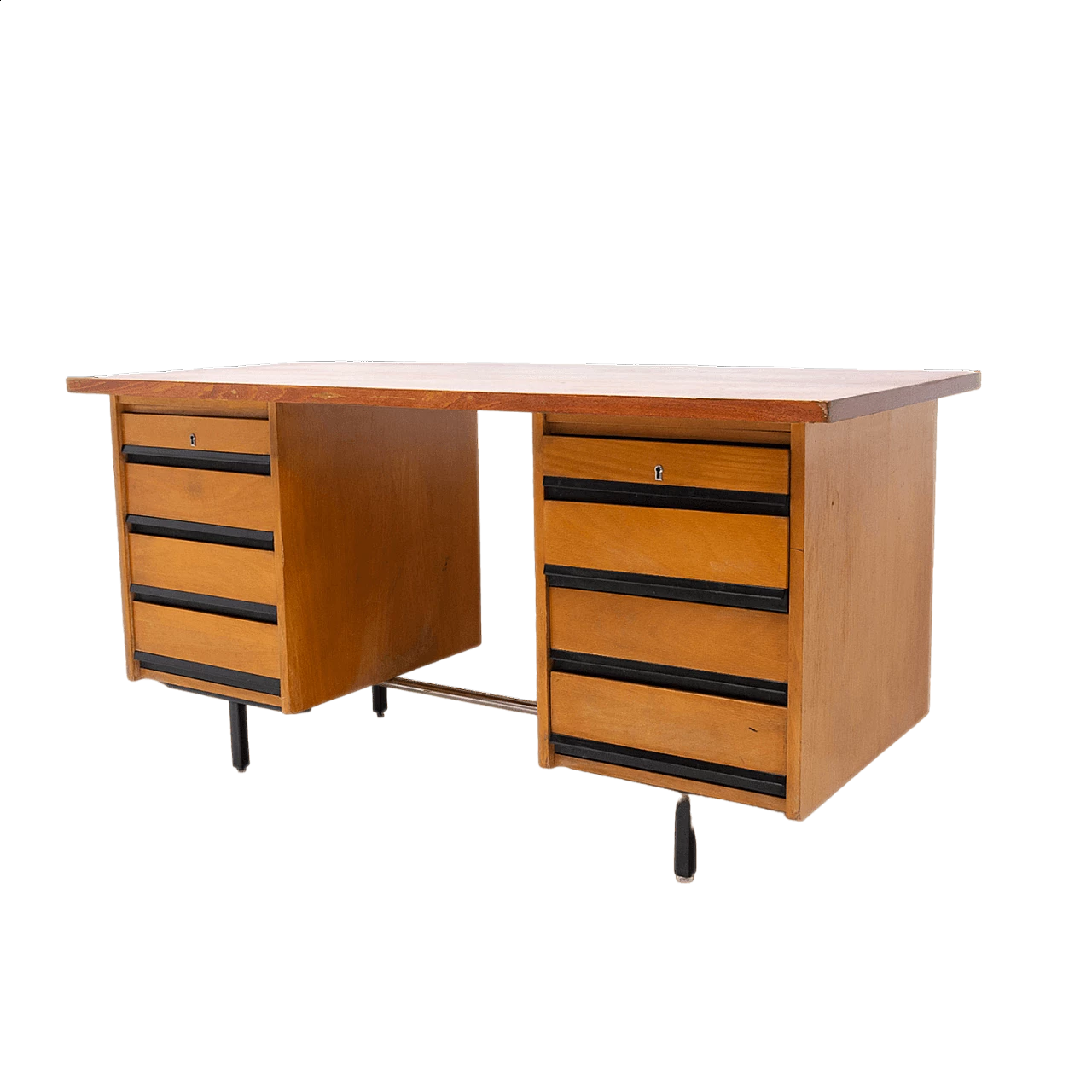 Beech and iron desk with drawers, 1970s 25