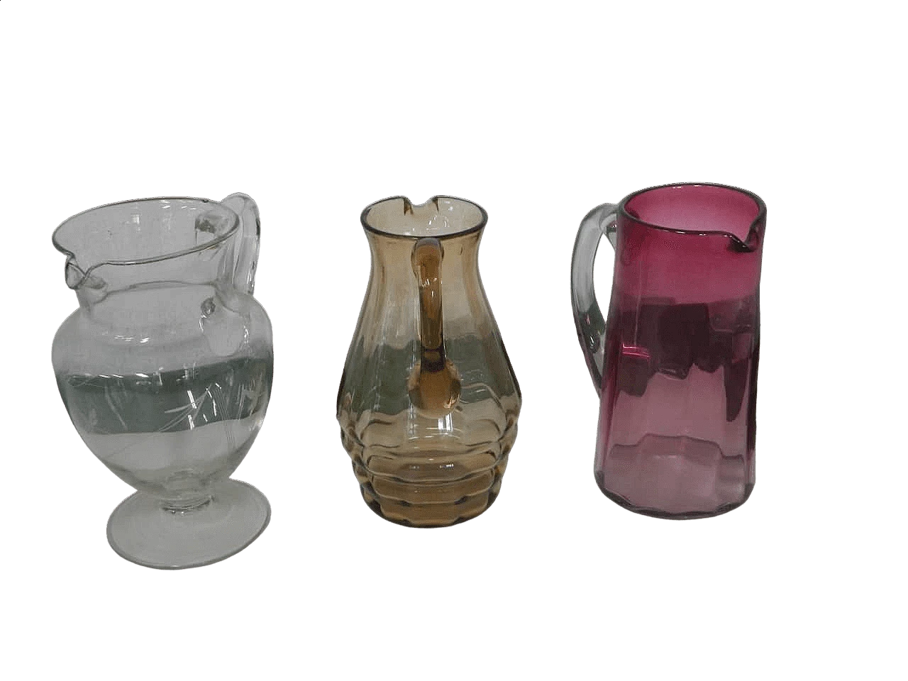 3 Brocche in vetro di diversi colori e forme, anni '50 12