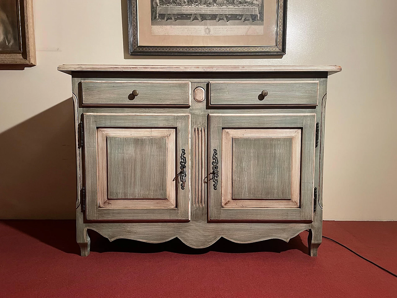 Credenza in stile provenzale laccata verde e beige decapata, inizio '900 1