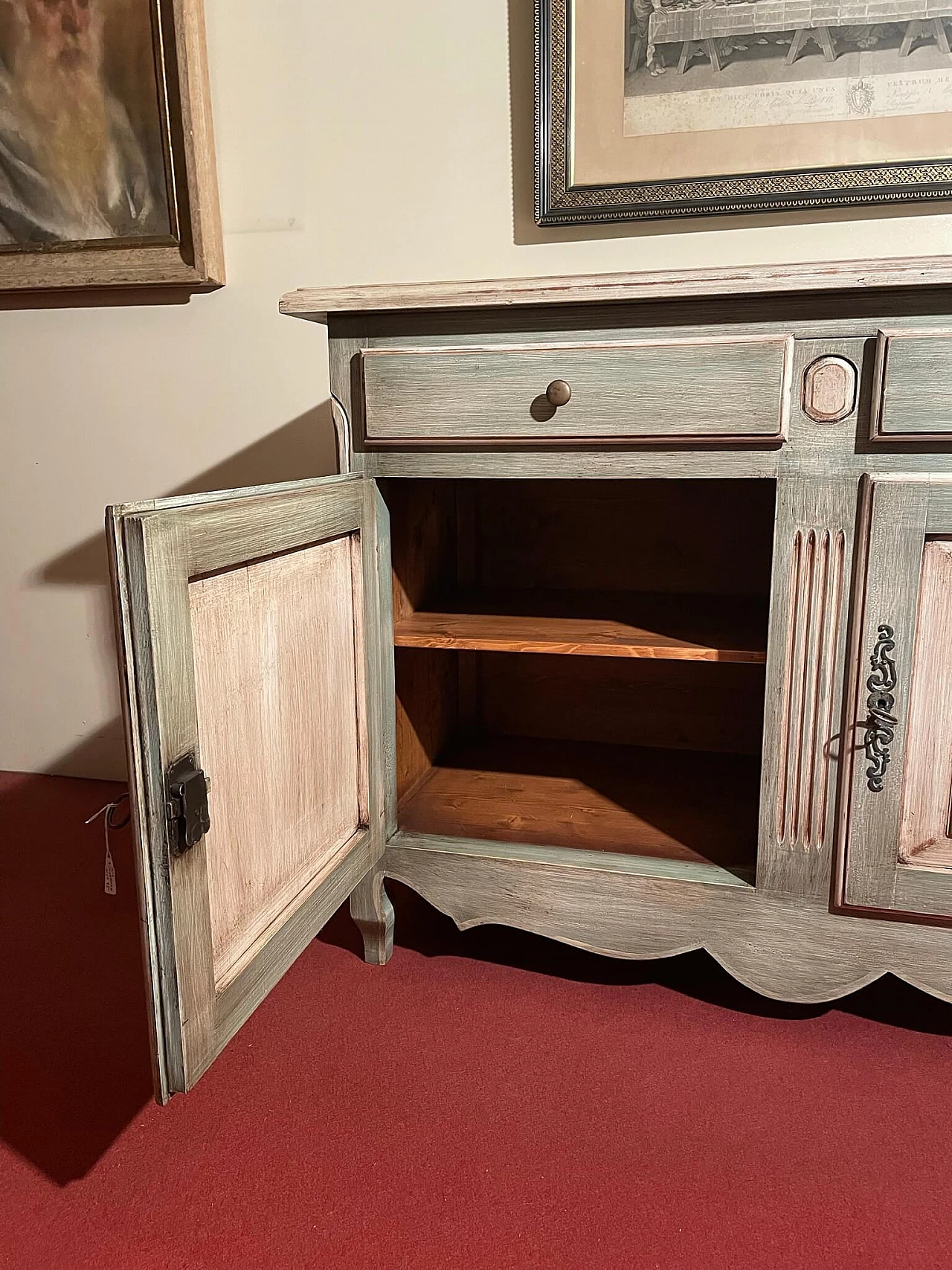 Credenza in stile provenzale laccata verde e beige decapata, inizio '900 2