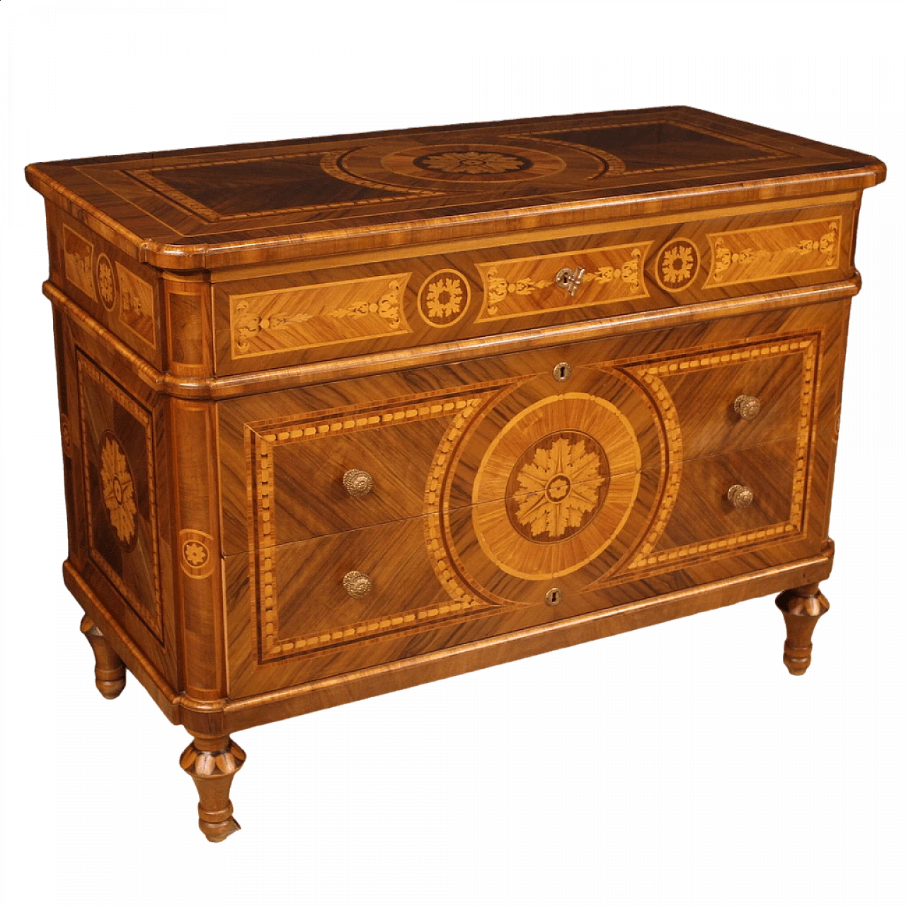 Comò stile Luigi XVI in legno con decorazioni a intarsio 14