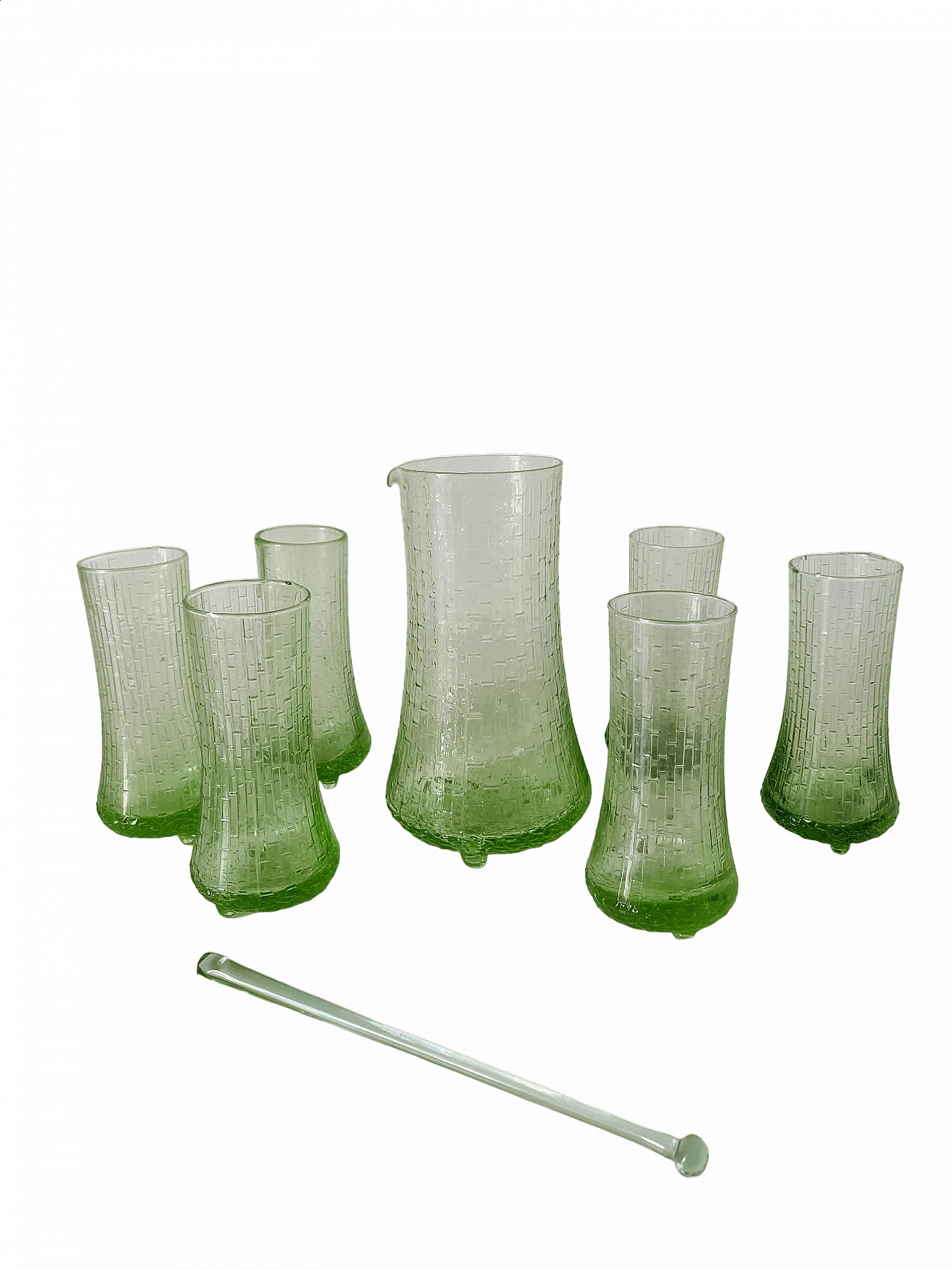 Set da cocktail in vetro lavorato verde, anni '60 8