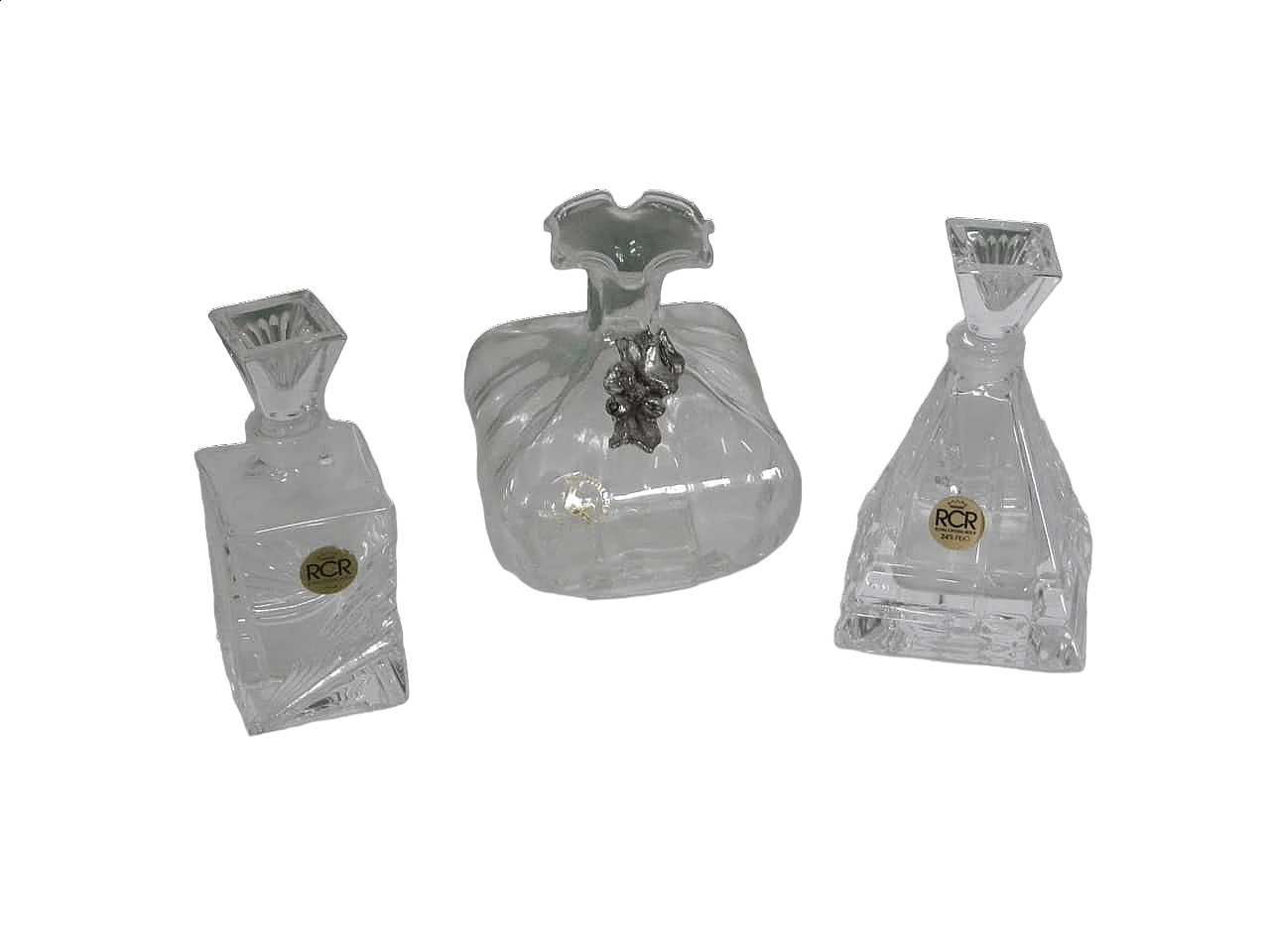 Coppia di boccette per profumo di RCR e vasetto in cristallo, anni '60 11