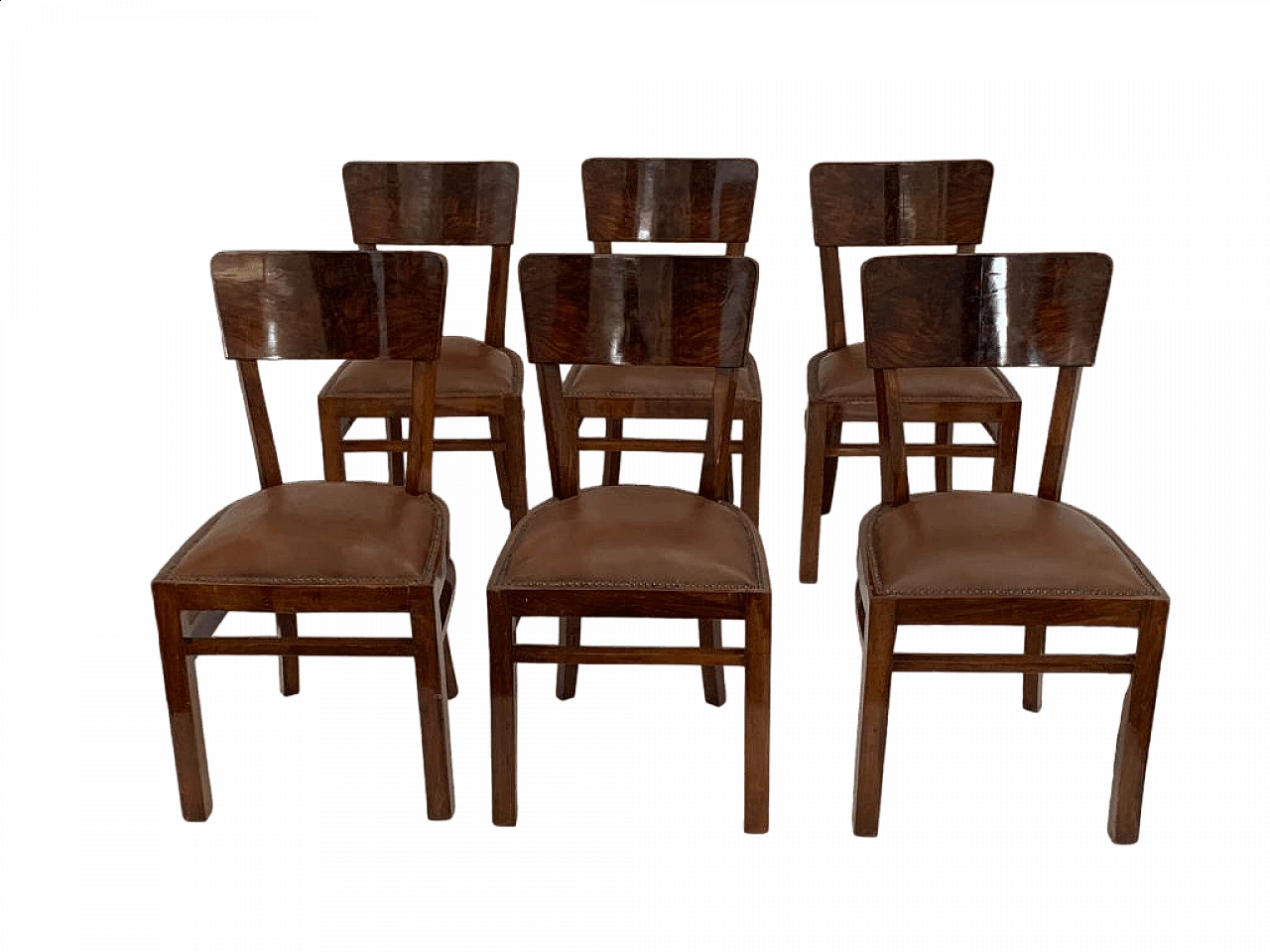 6 Art Deco walnut-root chairs with leather seats, 1940s 14