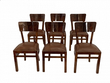 6 Art Deco walnut-root chairs with leather seats, 1940s
