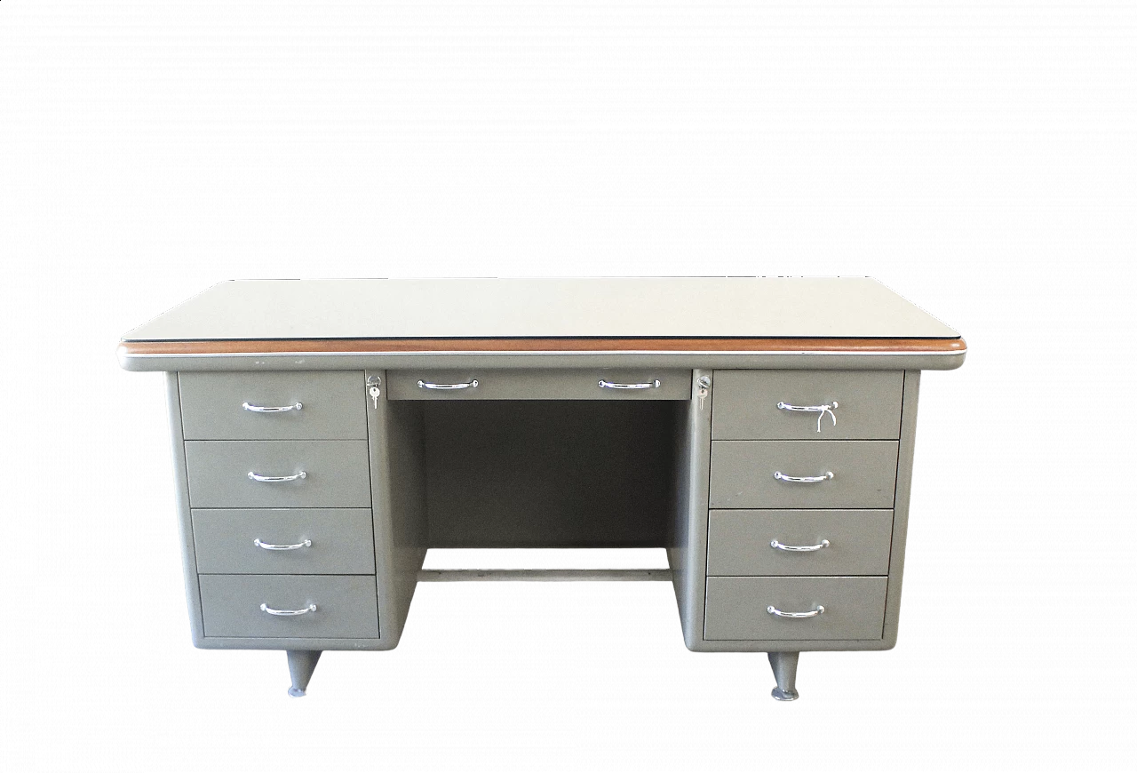 Steel desk with leather and glass top, 1940s 9