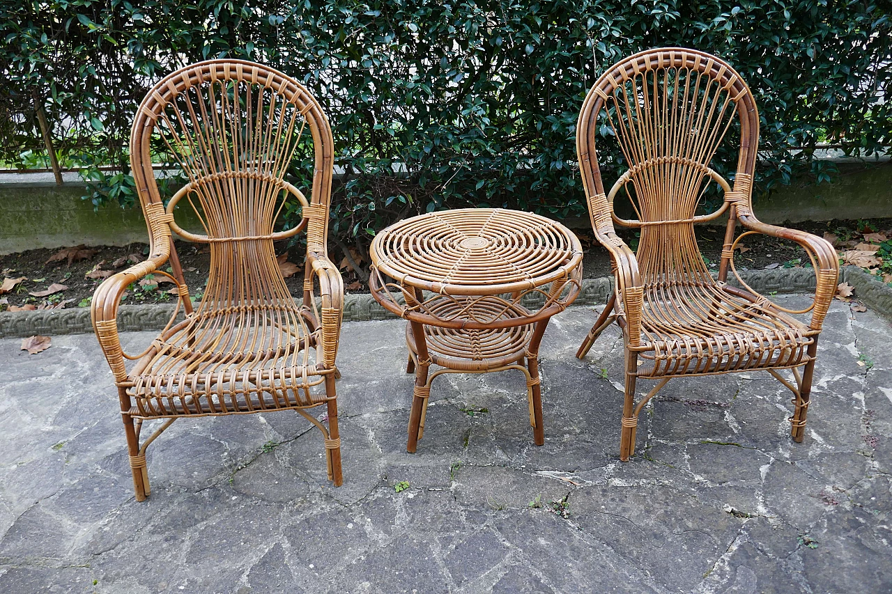 Pair of wicker chairs and small table, 1970s 1