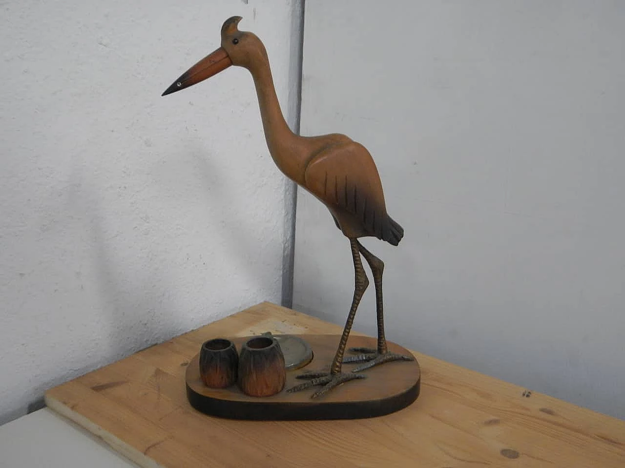 Maple wood and metal ashtray and match box, 1970s 1