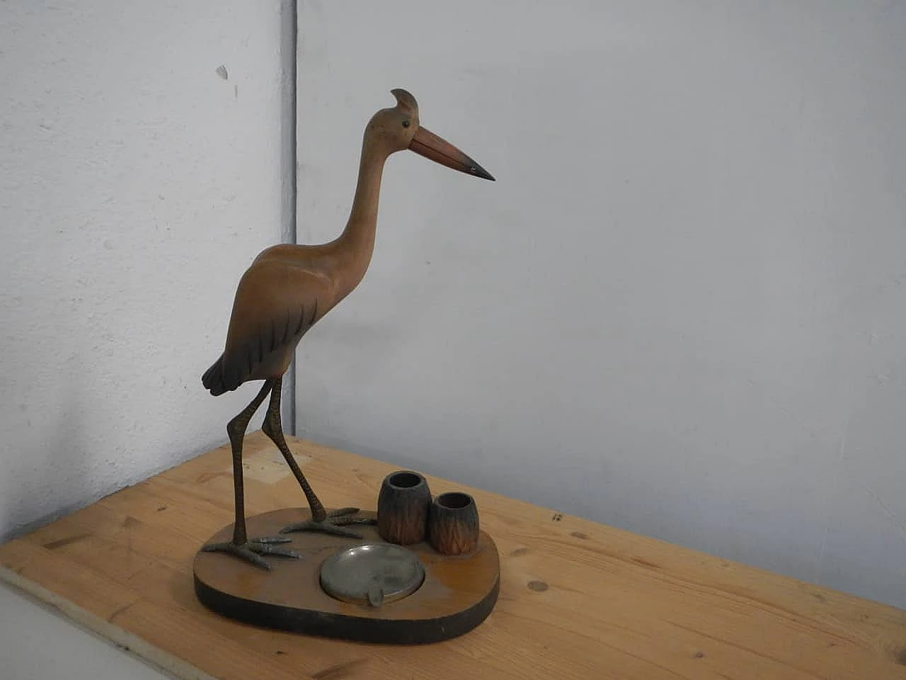 Maple wood and metal ashtray and match box, 1970s 2