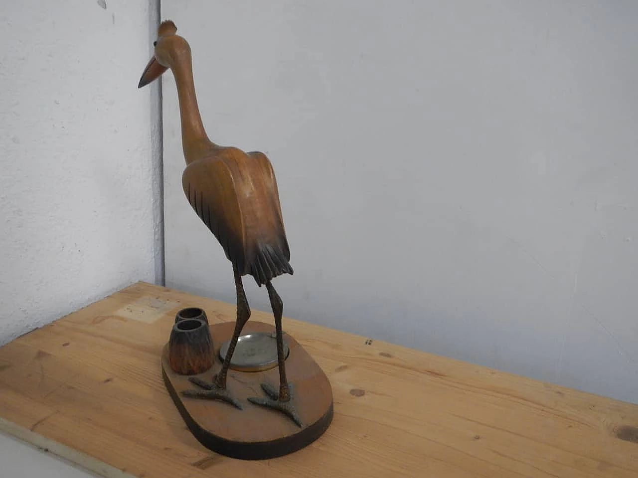 Maple wood and metal ashtray and match box, 1970s 3