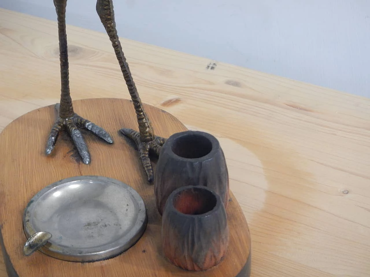 Maple wood and metal ashtray and match box, 1970s 9