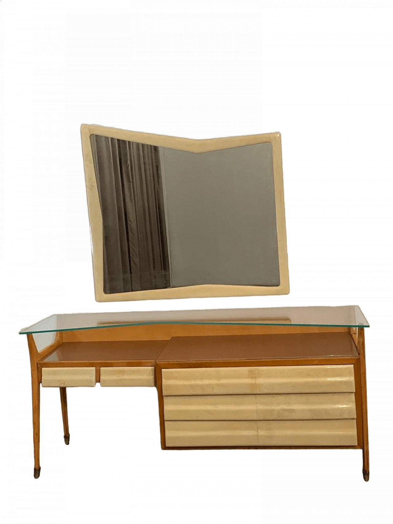 Cassettiera e specchio in acero, pergamena e vetro attribuiti a Silvio Cavatorta, anni '50 14