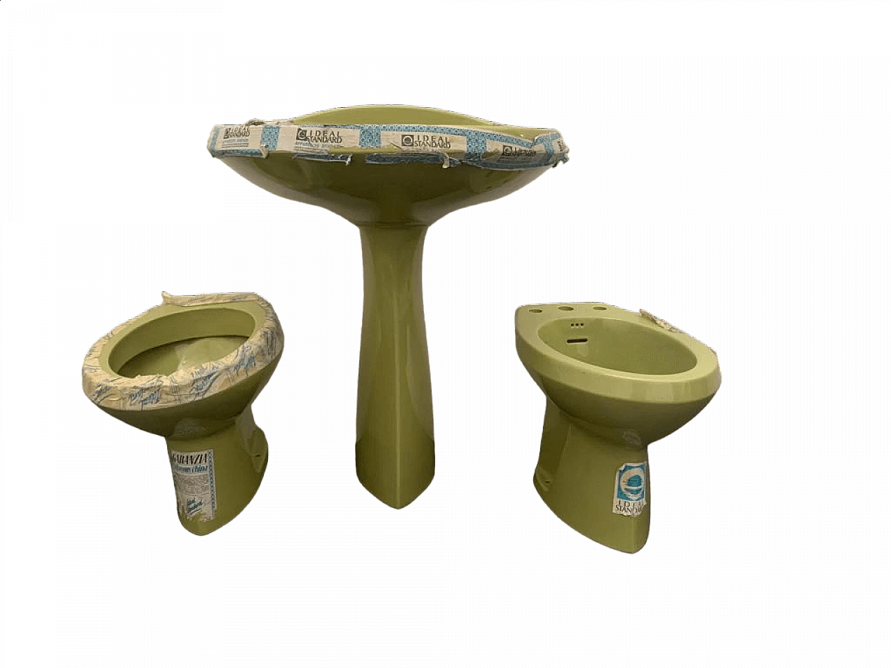 Lavandino, bidet e wc verdi Ellisse di Gio Ponti di Ideal Standard, anni '70 13