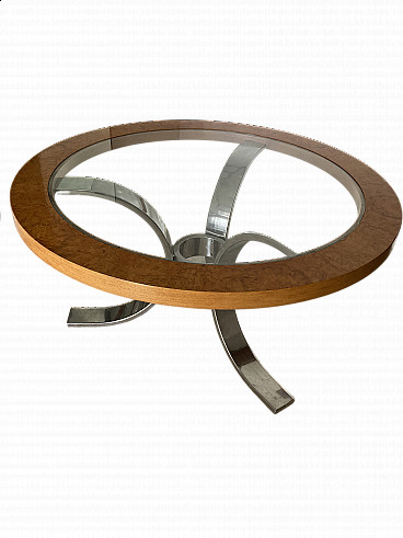Tavolo in acciaio, vetro e radica di olmo di Dada Industrial Design, anni '70
