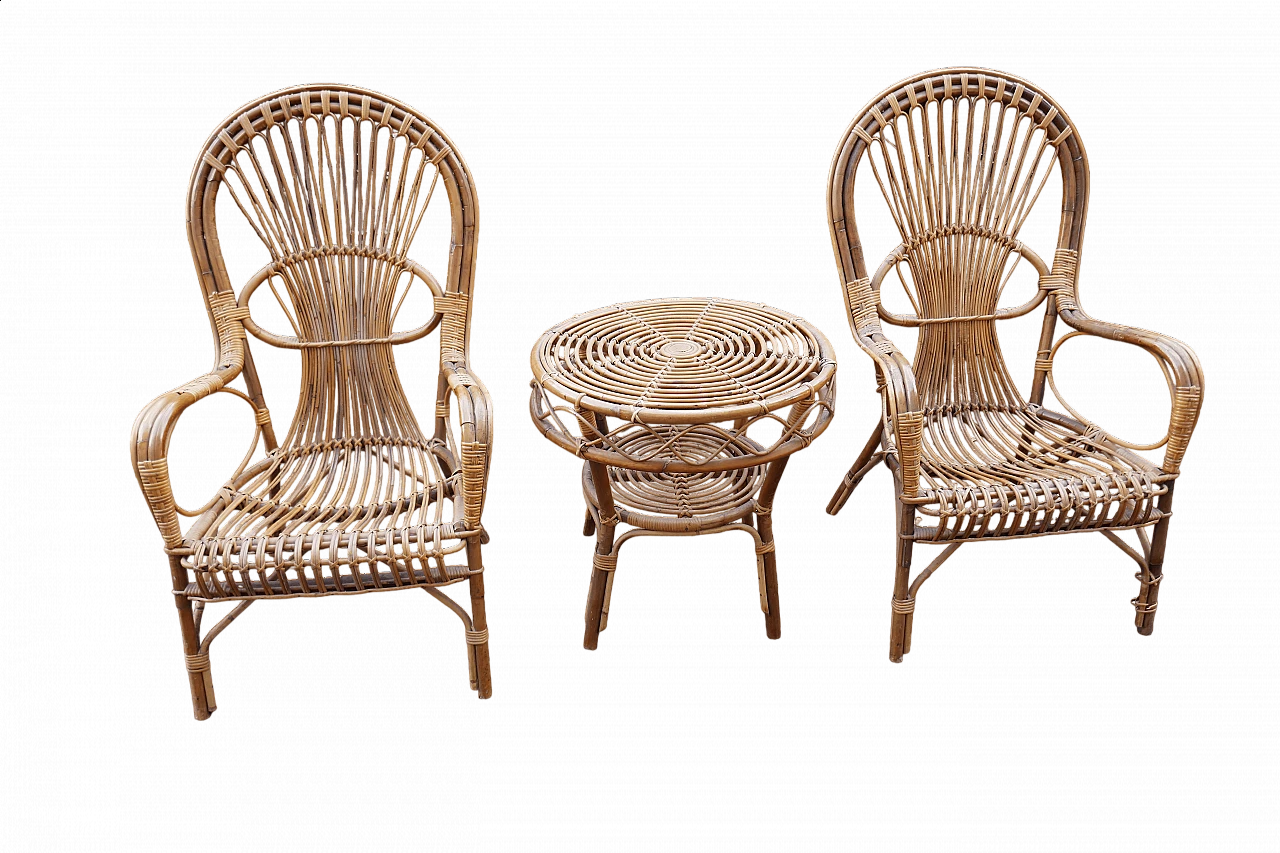 Pair of wicker chairs and small table, 1970s 9