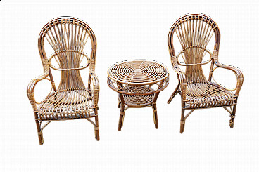Pair of wicker chairs and small table, 1970s