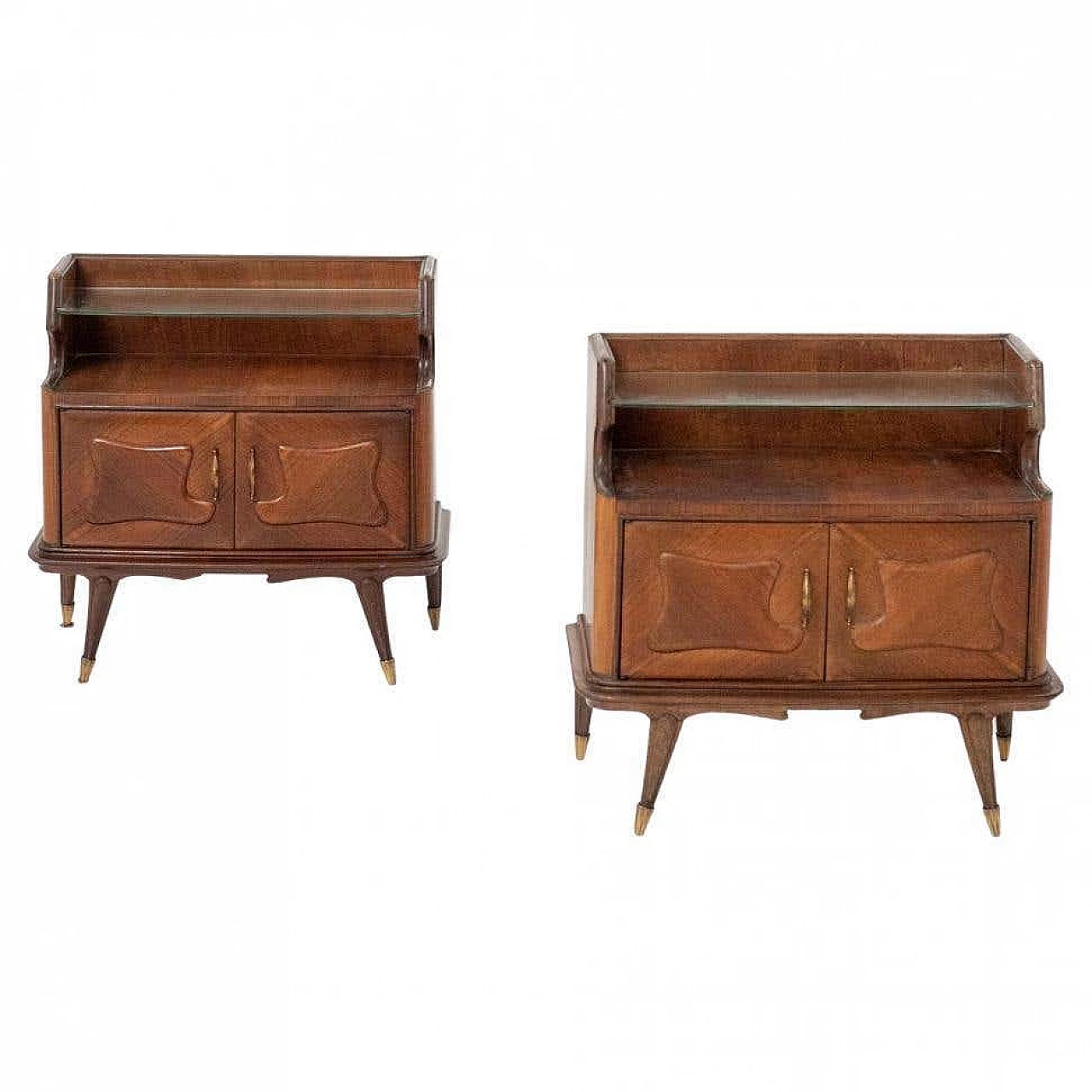Coppia di comodini in legno con piano in vetro, anni '50 11