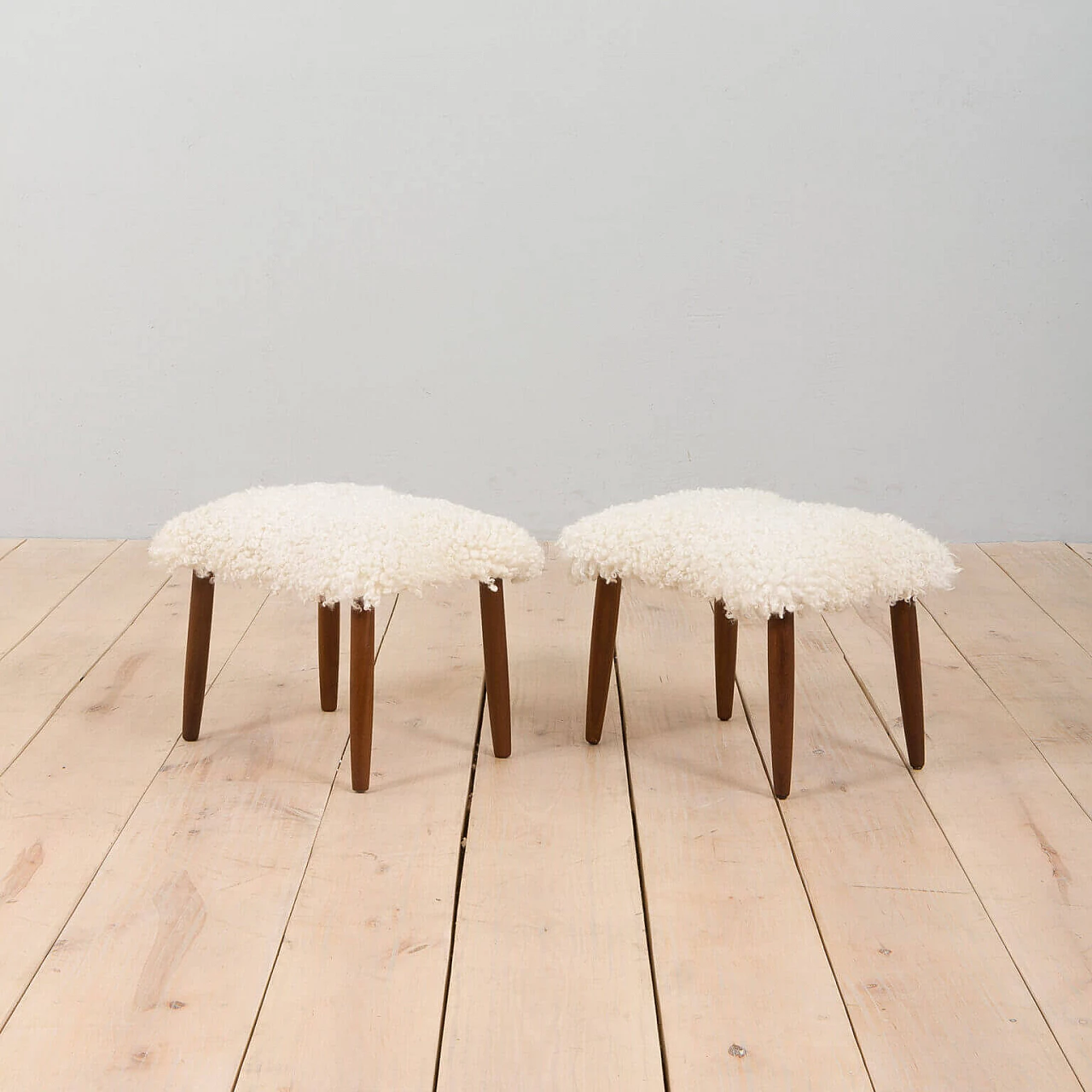 Teak and sheepskin stool, 1960s 4