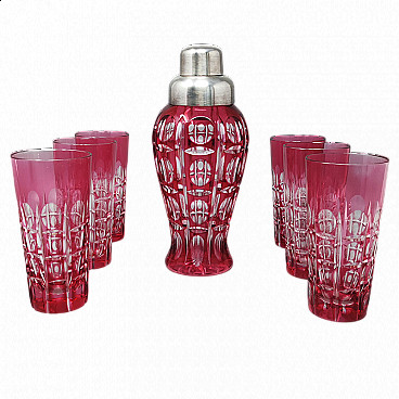 6 Bohemian red crystal cocktail glasses and shakers, 1960s