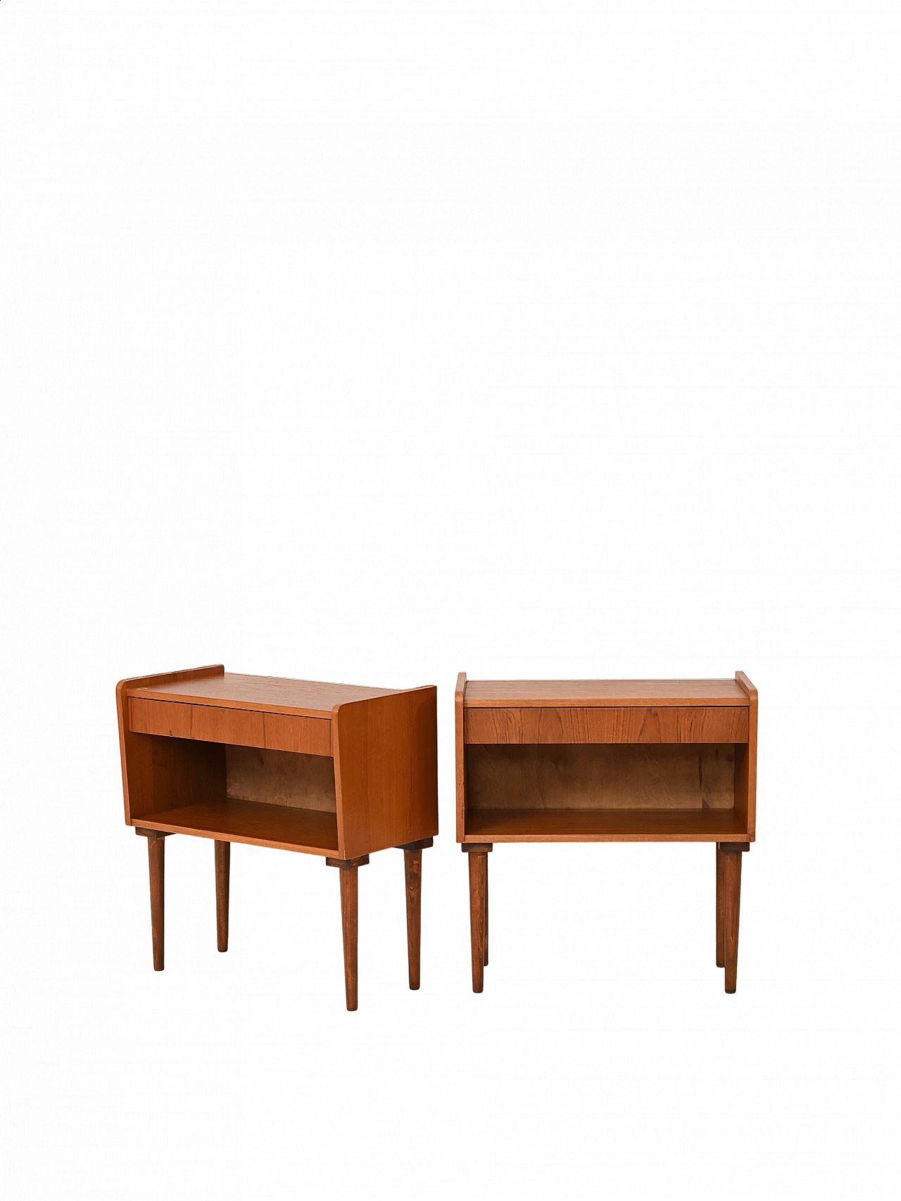 Pair of teak bedside tables with compartment shelf, 1950s 12