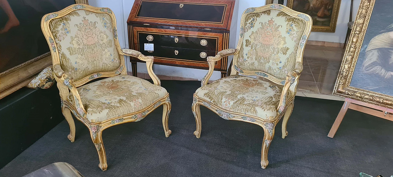 Pair of Louis XV armchairs in lacquered and gilded wood, mid-18th century 1