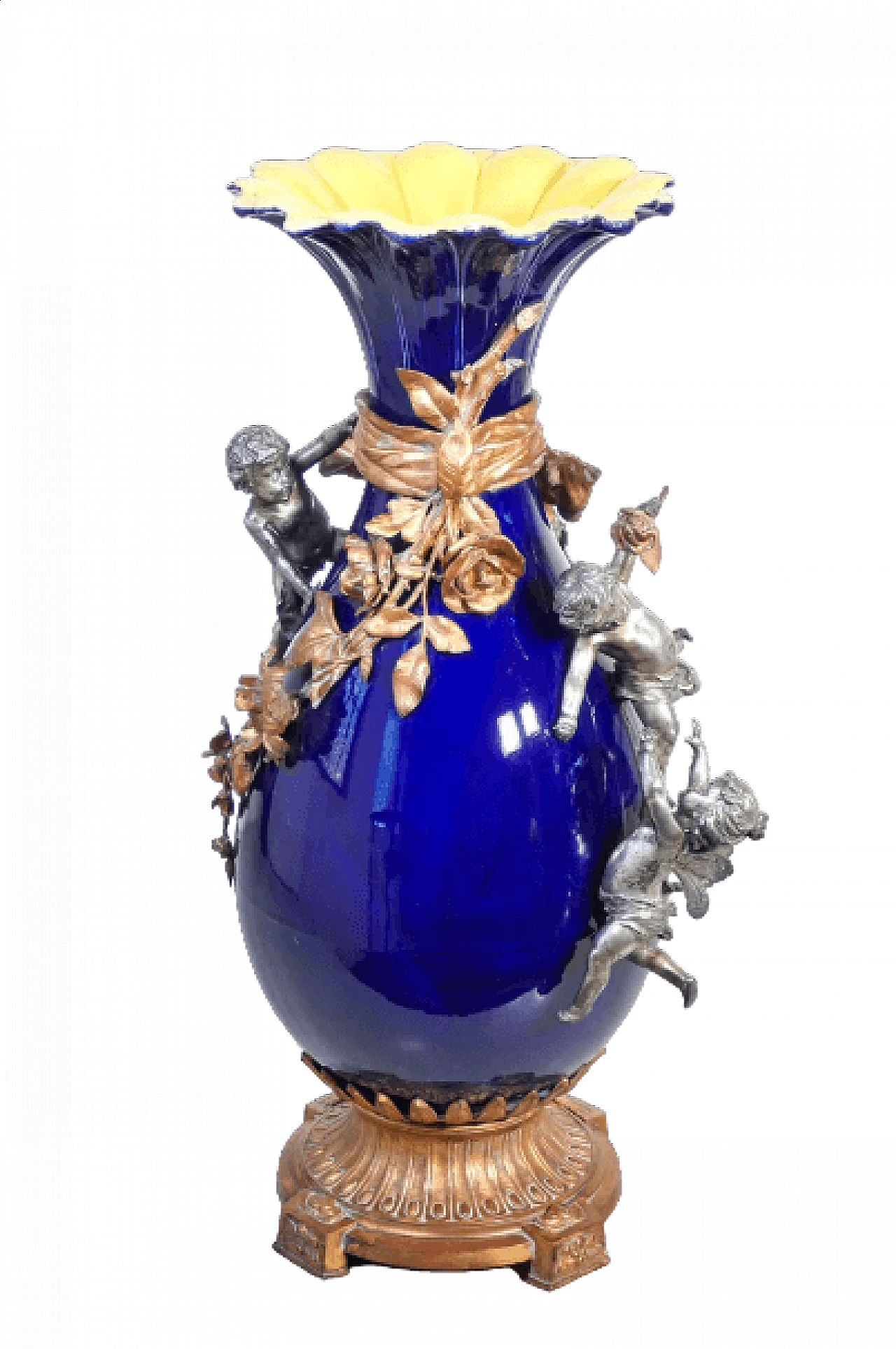 Vaso in ceramica blu cobalto con decorazioni in metallo, inizio '800 22