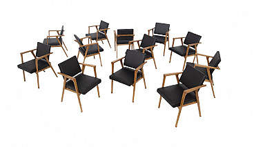 12 Chairs in wood and black leather attributed to Franco Albini, 1950s