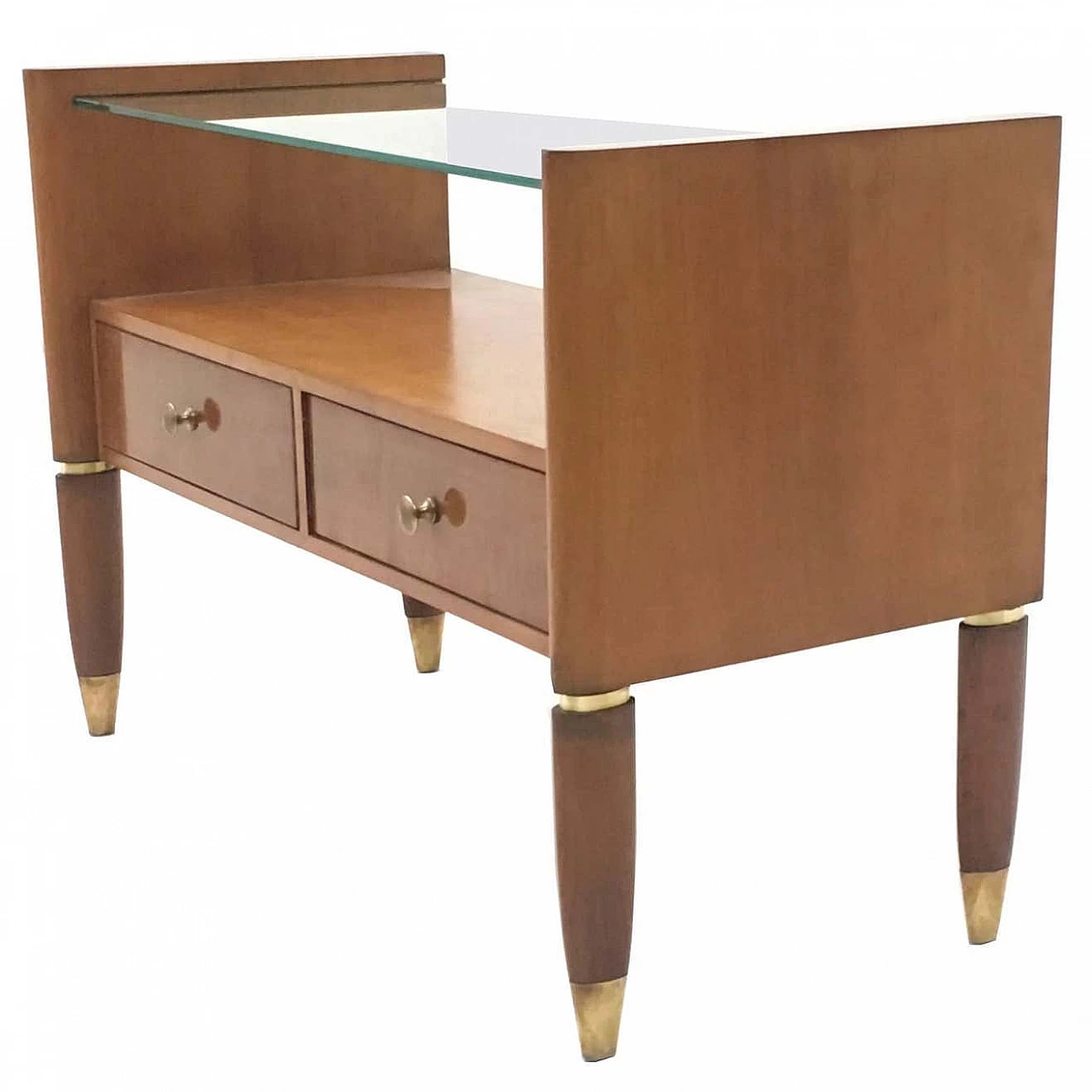 Walnut bedside table with glass top and brass details, 1940s 1