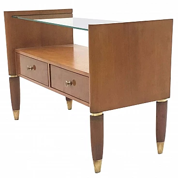 Walnut bedside table with glass top and brass details, 1940s