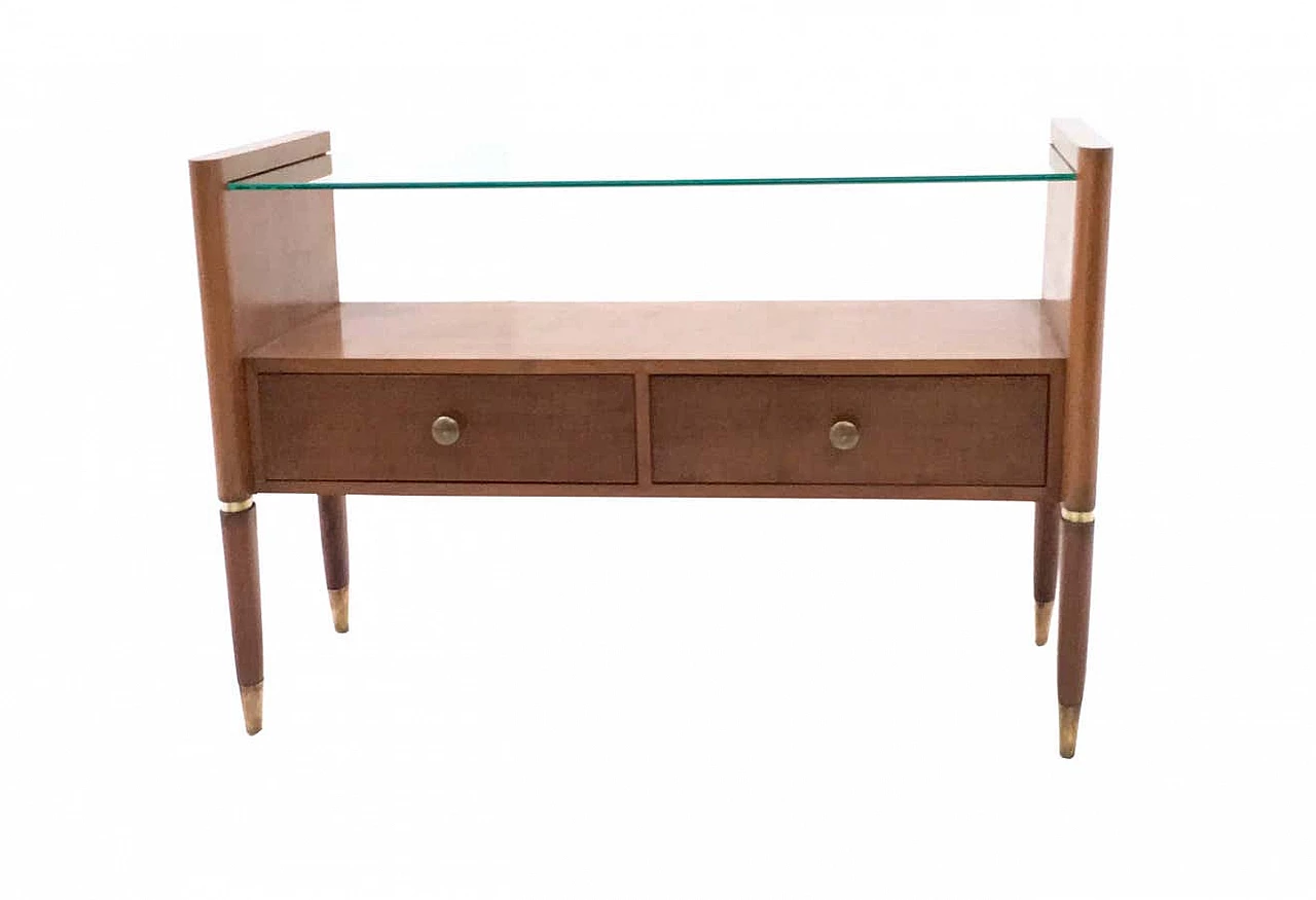 Walnut bedside table with glass top and brass details, 1940s 2