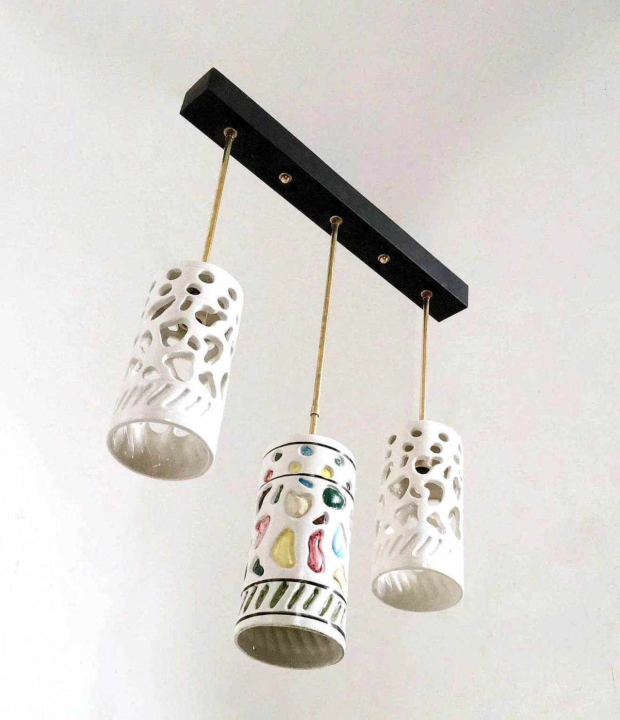 Three-light ceramic and metal chandelier by Ceramiche Pucci, 1960s 2