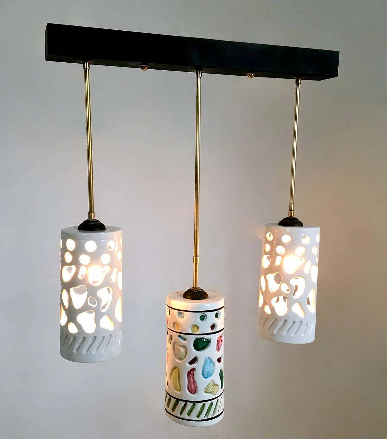 Three-light ceramic and metal chandelier by Ceramiche Pucci, 1960s 3