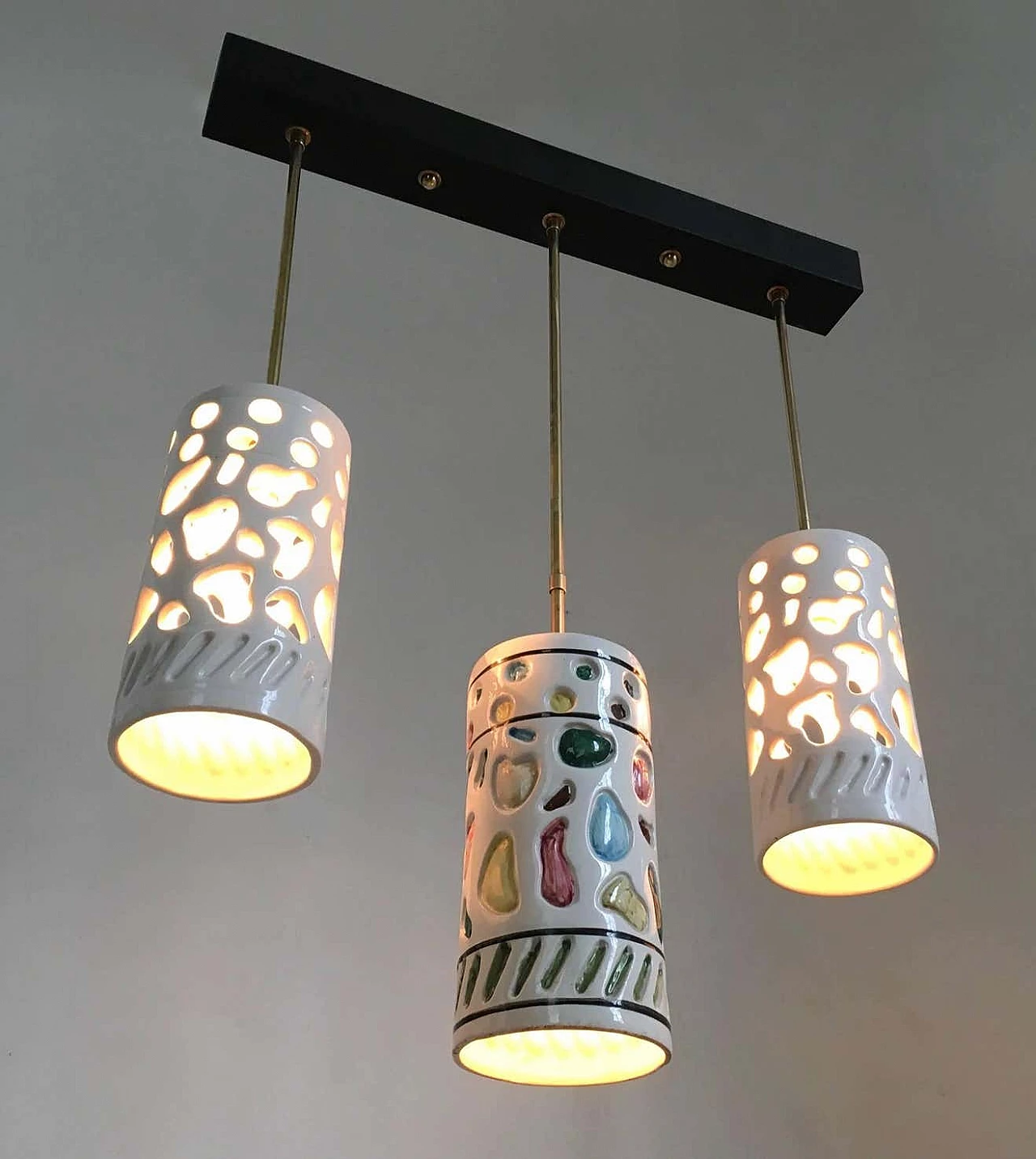 Three-light ceramic and metal chandelier by Ceramiche Pucci, 1960s 4