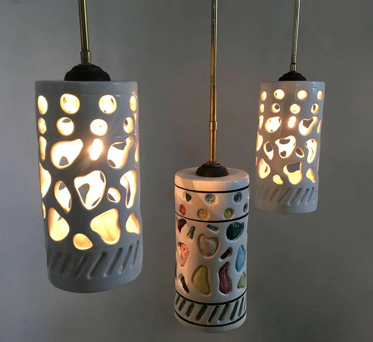 Three-light ceramic and metal chandelier by Ceramiche Pucci, 1960s 5