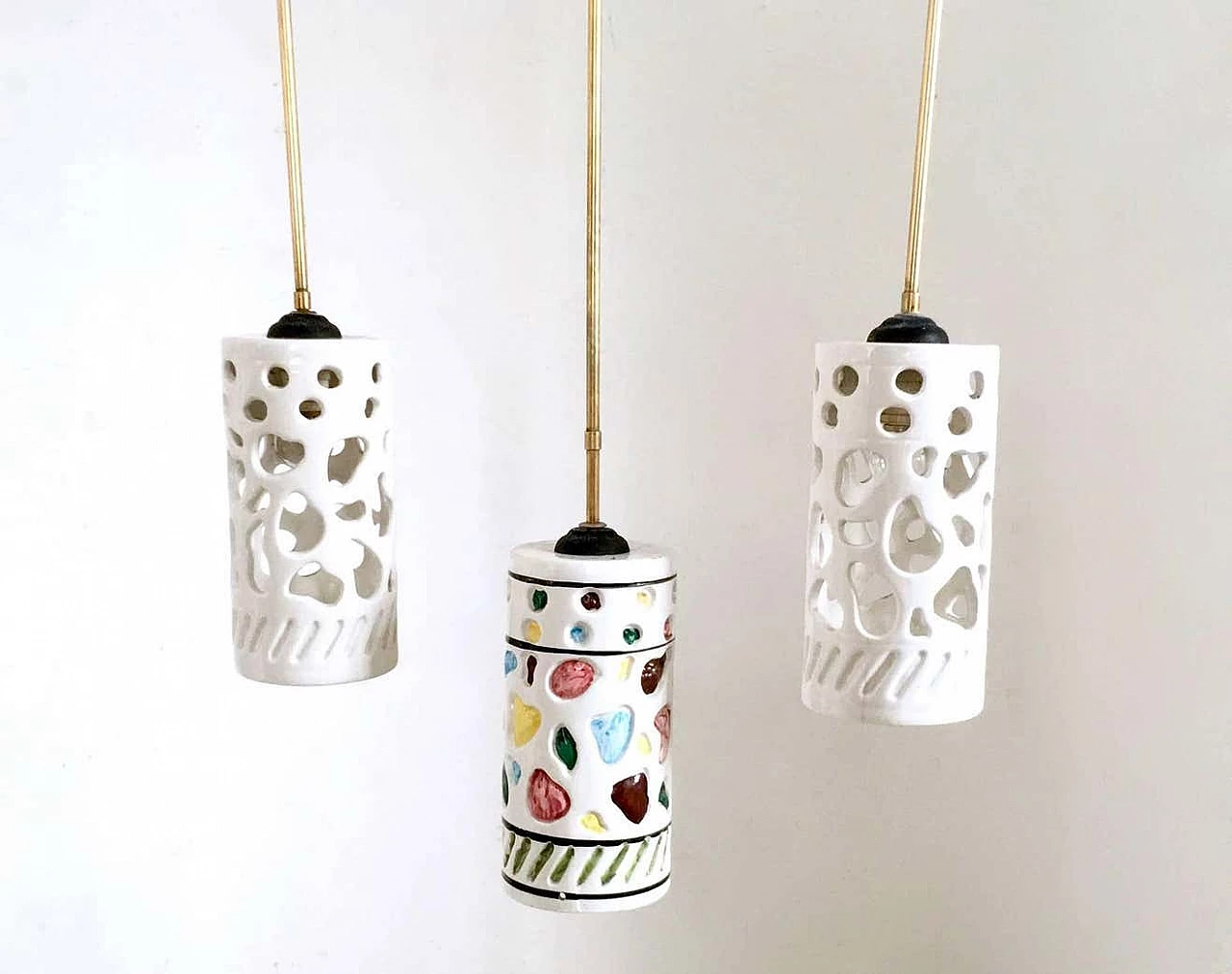 Three-light ceramic and metal chandelier by Ceramiche Pucci, 1960s 6