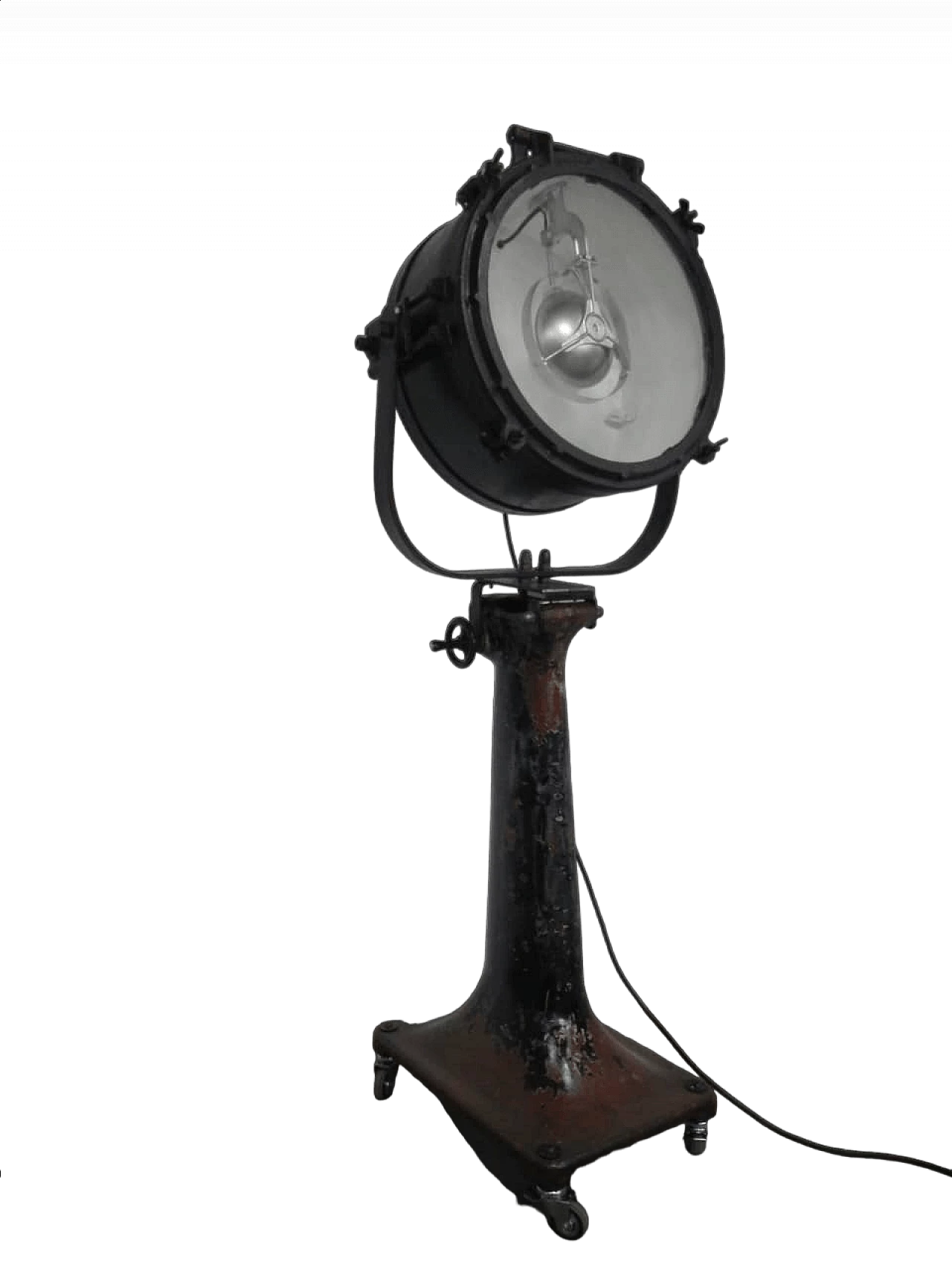 Metal and glass naval signal lamp with cast iron stand, 1940s 13