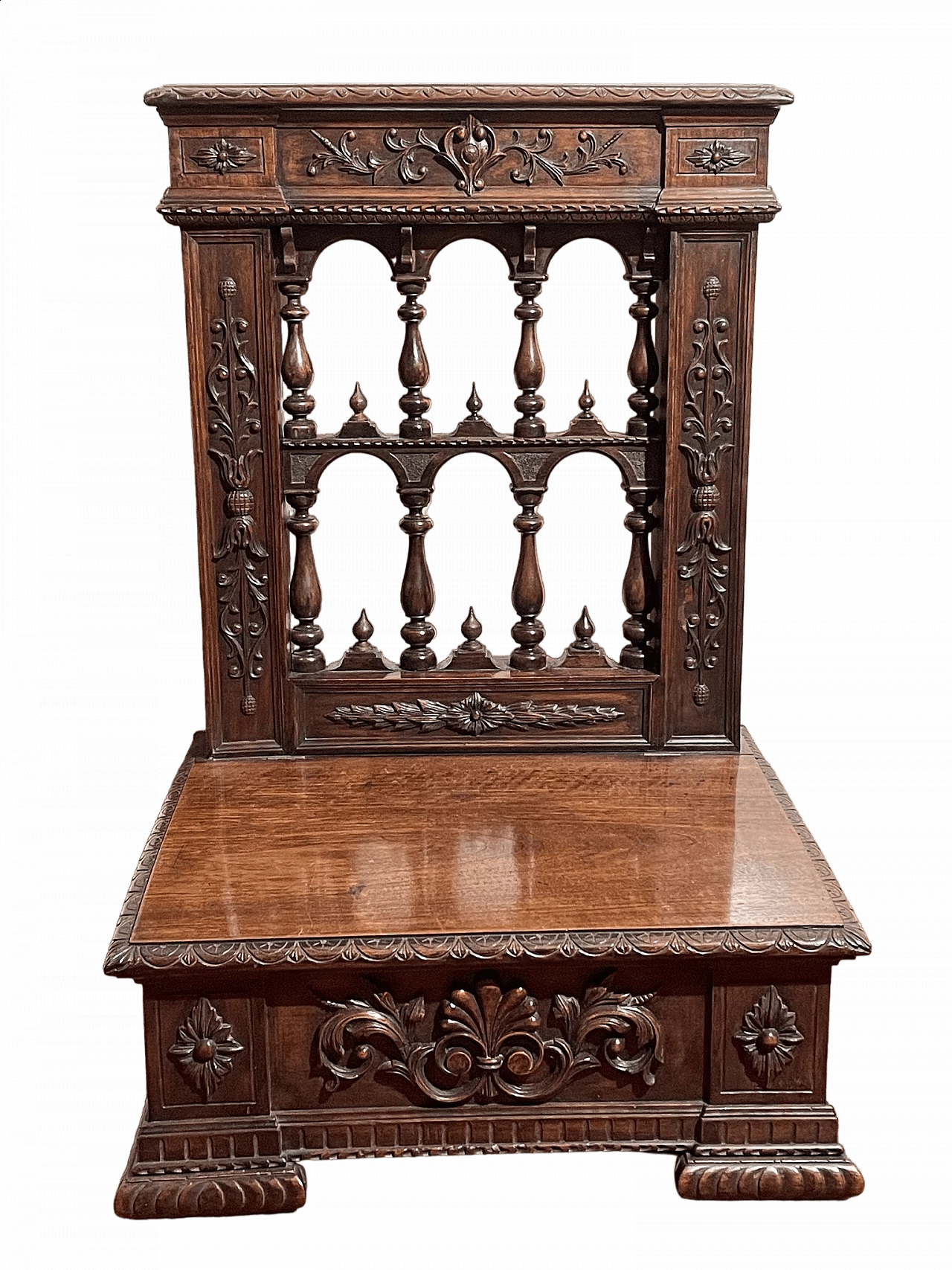 Walnut kneeling-stool with carvings, early 20th century 8