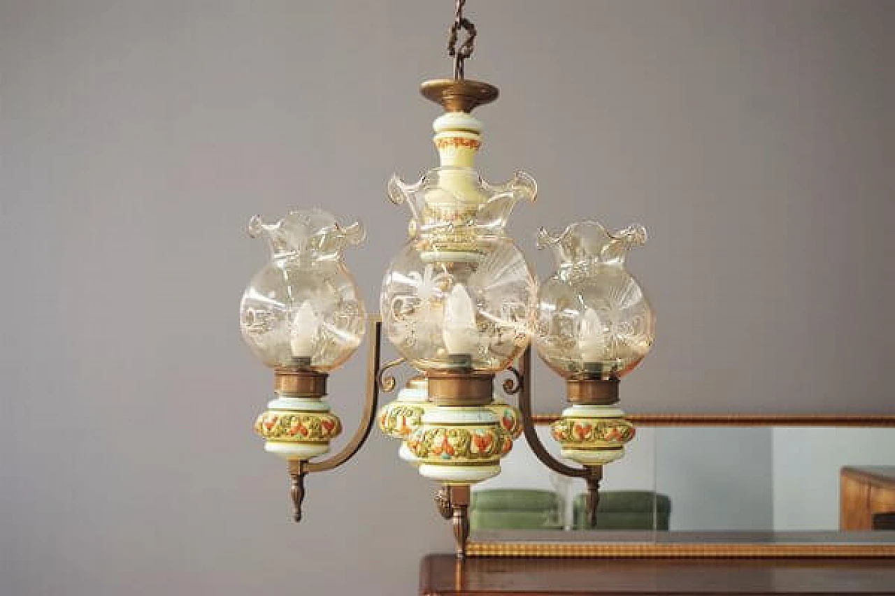 Lampadario in ceramica, vetro e ottone di Bassano, anni '50 1