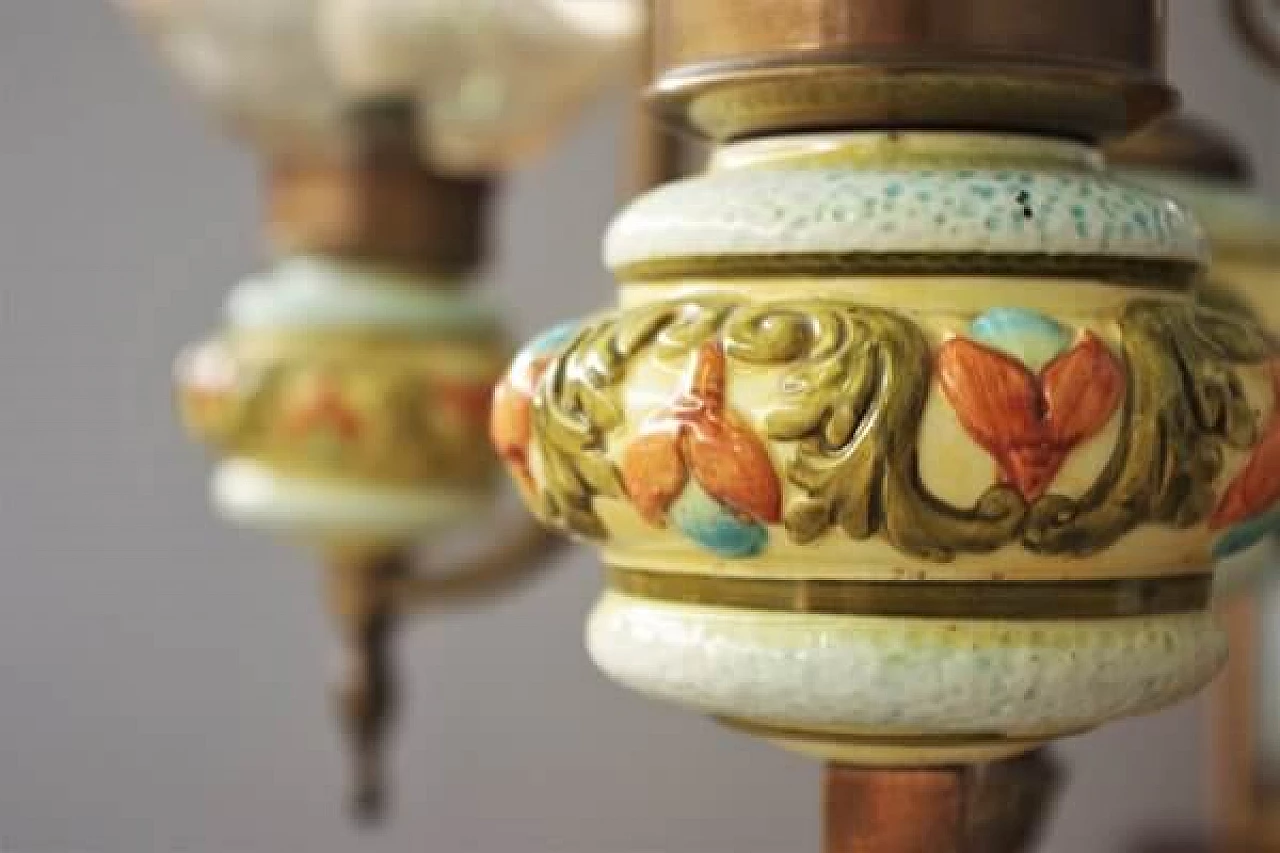Lampadario in ceramica, vetro e ottone di Bassano, anni '50 3