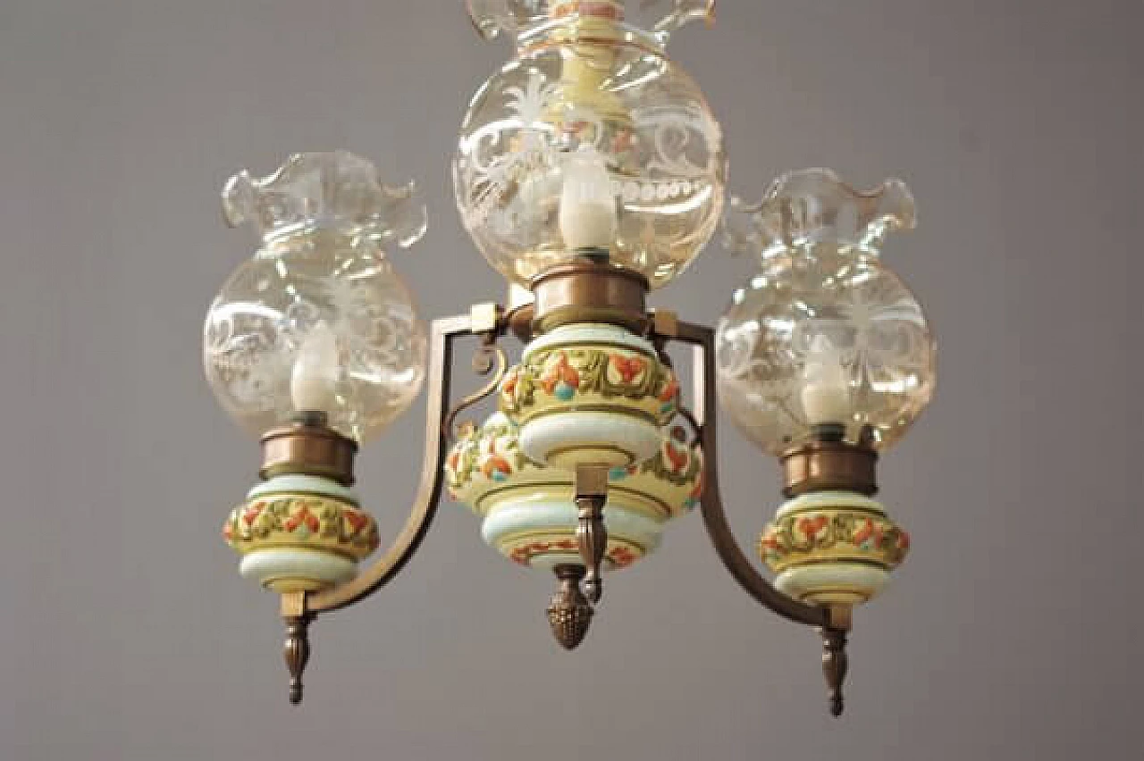 Lampadario in ceramica, vetro e ottone di Bassano, anni '50 6