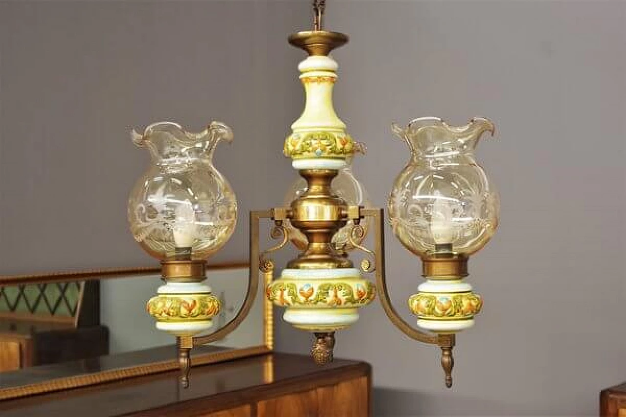 Lampadario in ceramica, vetro e ottone di Bassano, anni '50 8