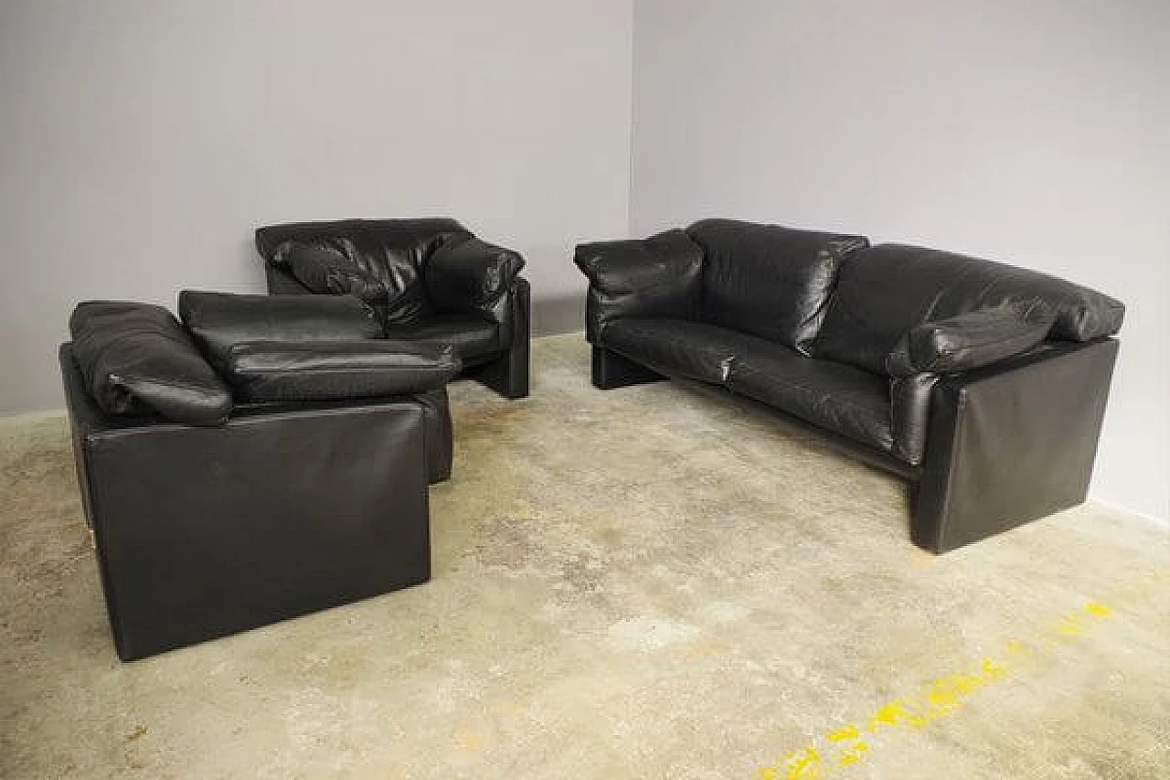 Coppia di poltrone e divano in pelle nera di Moroso, anni '80 9