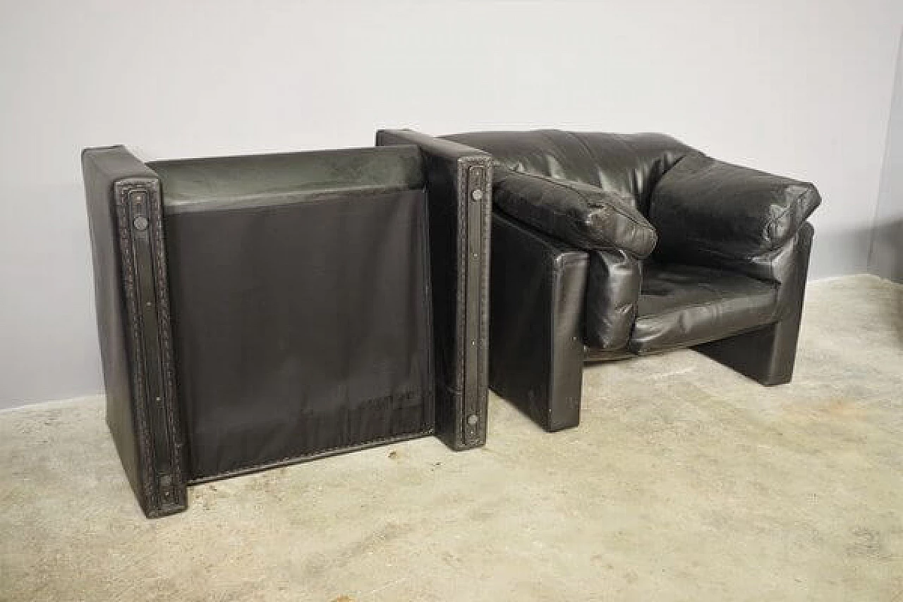 Coppia di poltrone e divano in pelle nera di Moroso, anni '80 13